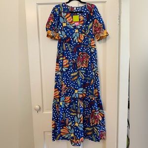 COPY - Tabitha Brown Target floral/poka dot print puff sleeve Maxi Blue dress s…